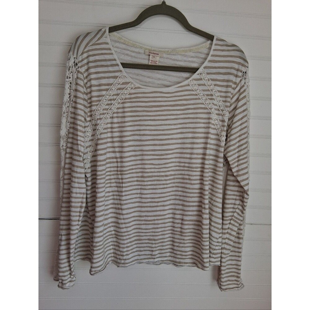 Sundance Beige and White Striped Lace-Accent Long Sleeve Cotton Tee Top Sz XL